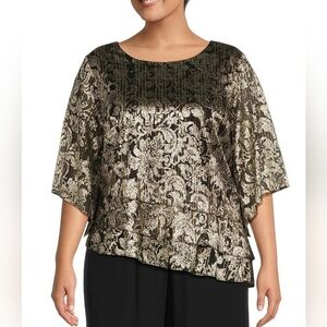 Alex Evenings Metallic 3/4 Sleeve Boat Neck Asymmetrical Hem Printed Blouse